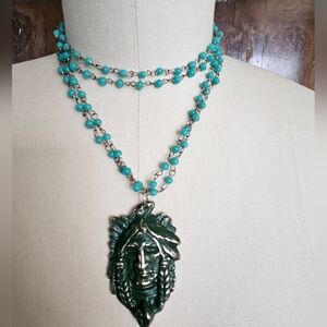 Bohemian Turquoise Beaded Necklace with Green Pendant